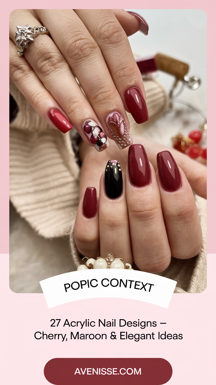 27 Acrylic Nail Designs - Cherry, Maroon & Elegant Ideas