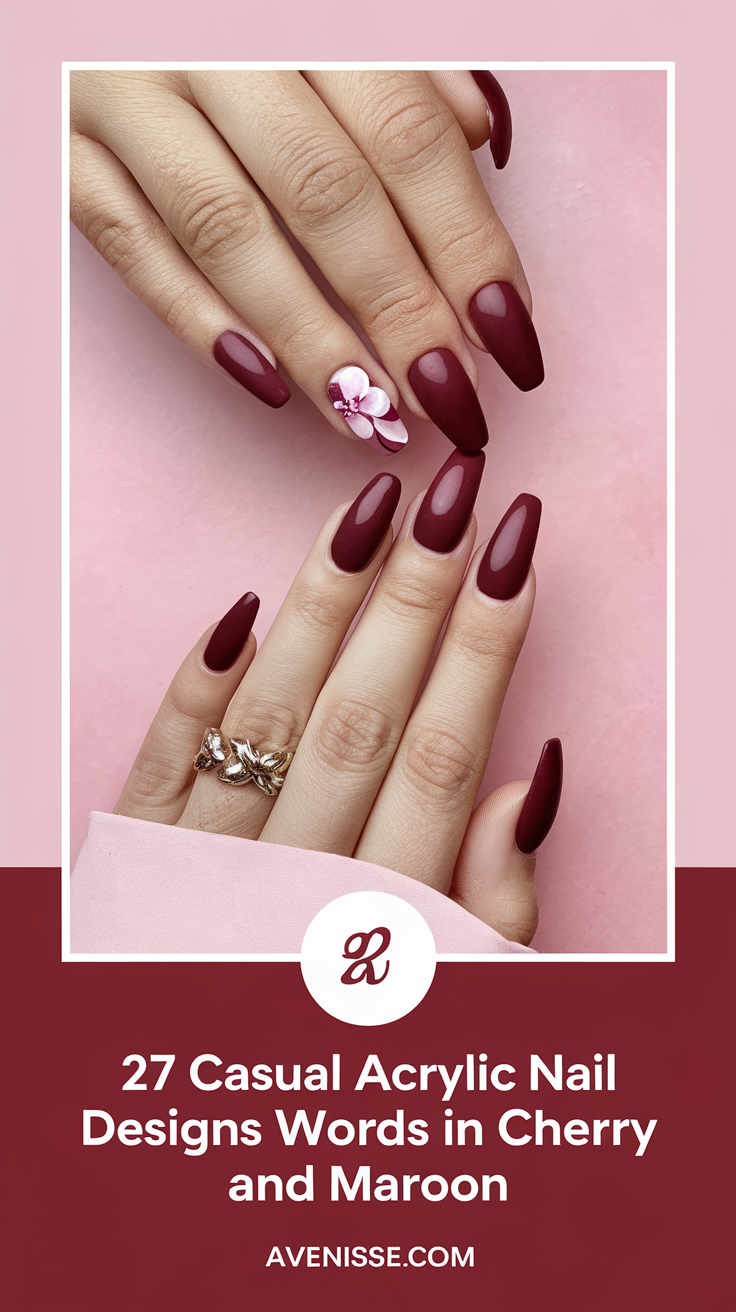 27 Casual Acrylic Nail Designs in Cherry and Maroon