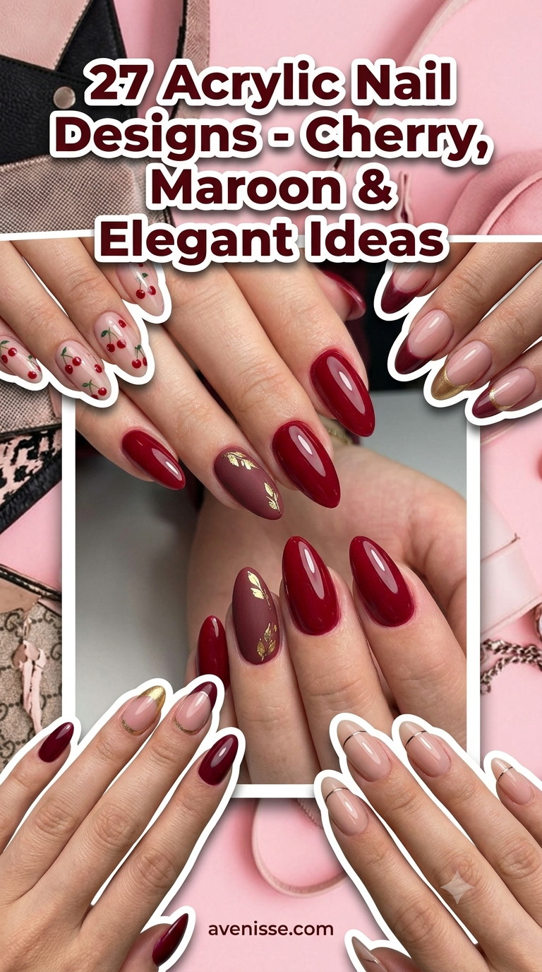 27 Acrylic Nail Designs - Cherry, Maroon & Elegant Ideas