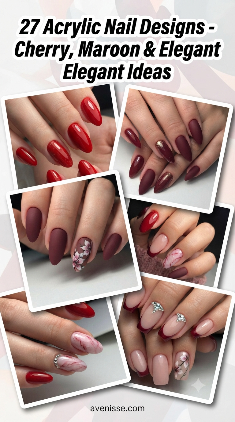 27 Acrylic Nail Designs - Cherry, Maroon & Elegant Ideas