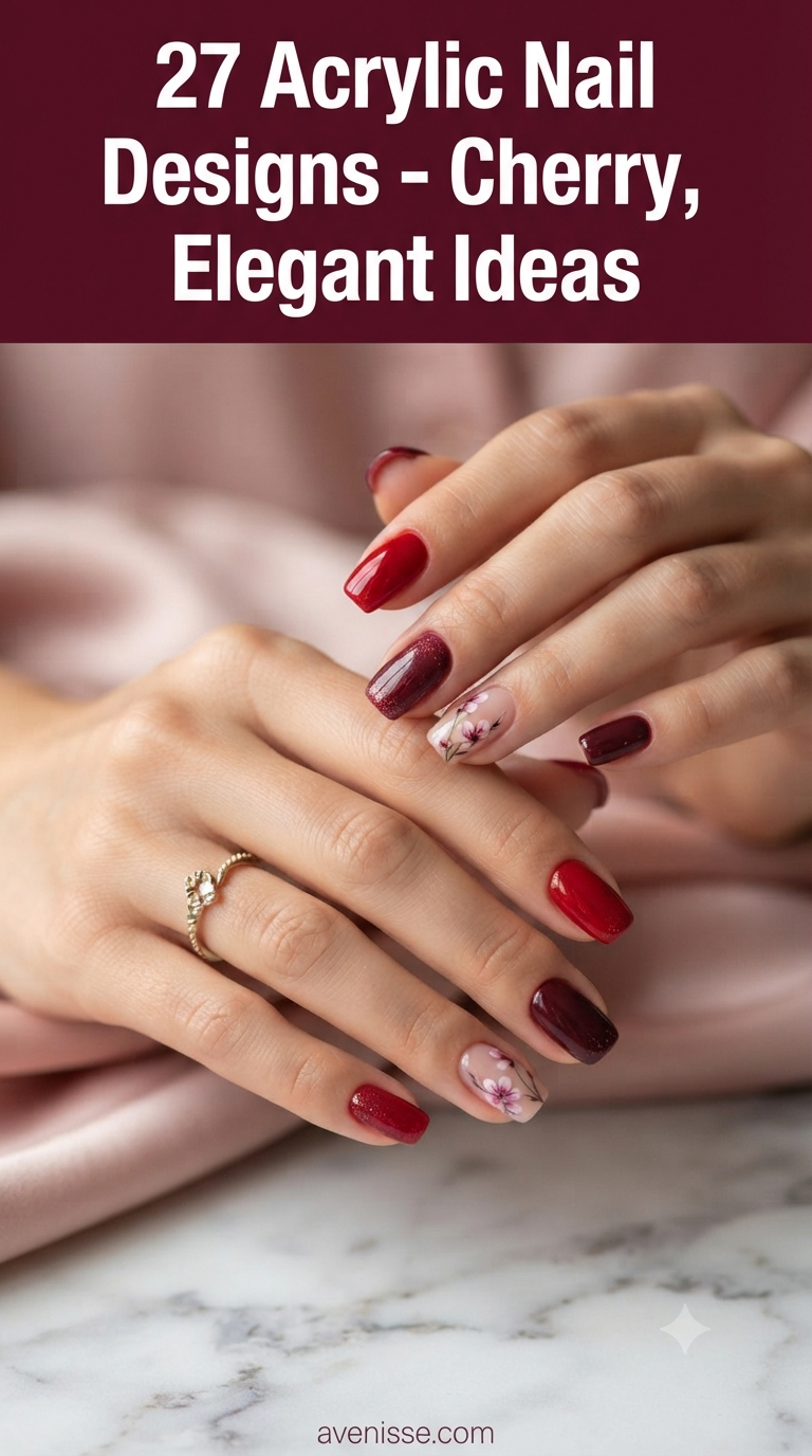 27 Acrylic Nail Designs - Cherry, Maroon & Elegant Ideas