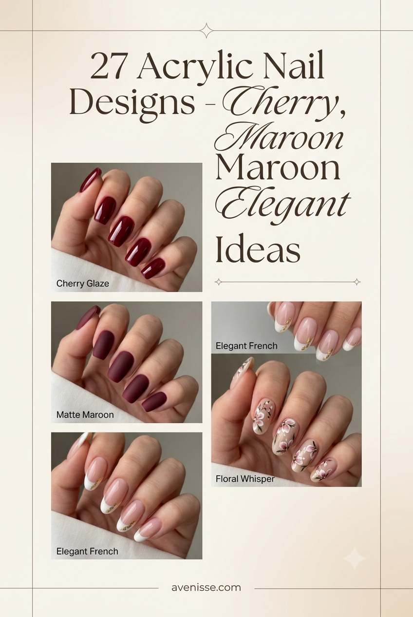 27 Acrylic Nail Designs - Cherry, Maroon & Elegant Ideas