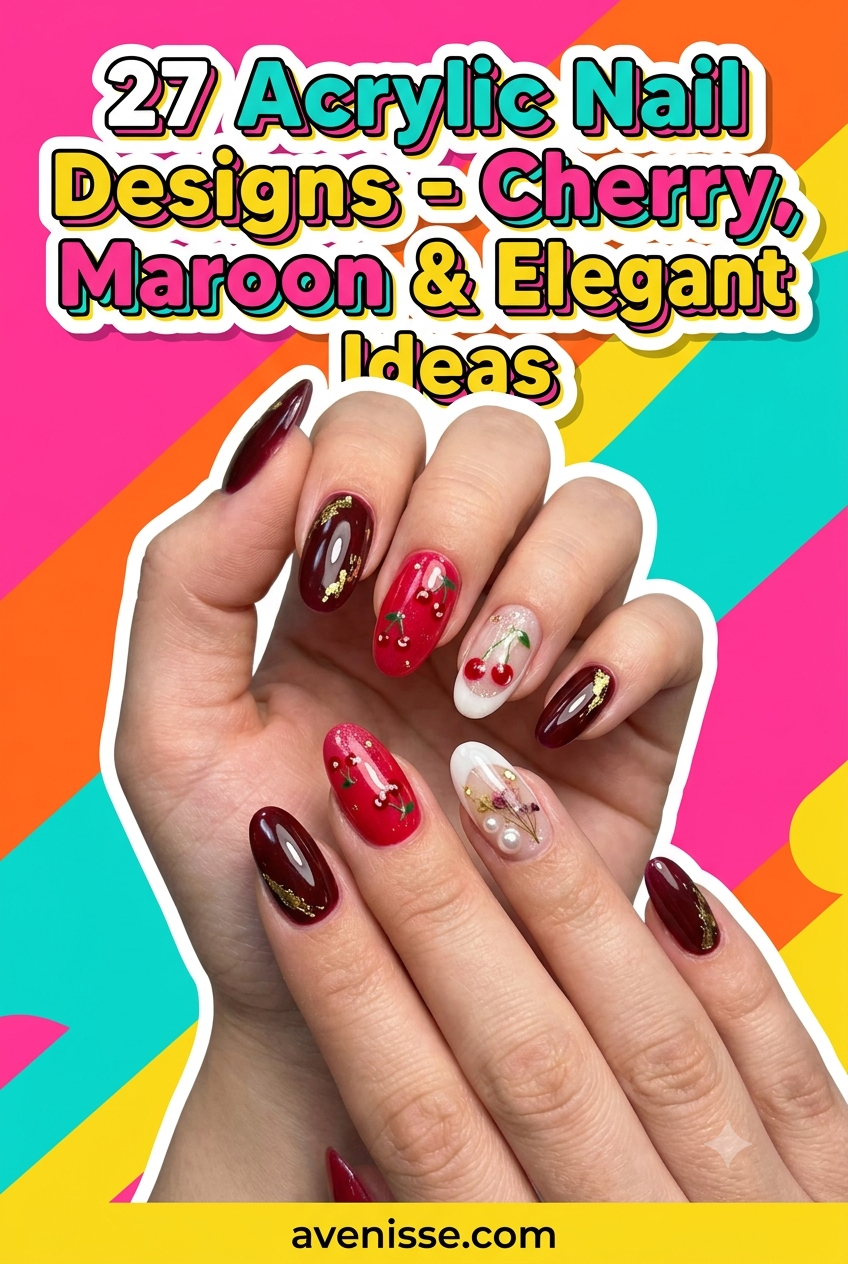 27 Acrylic Nail Designs - Cherry, Maroon & Elegant Ideas