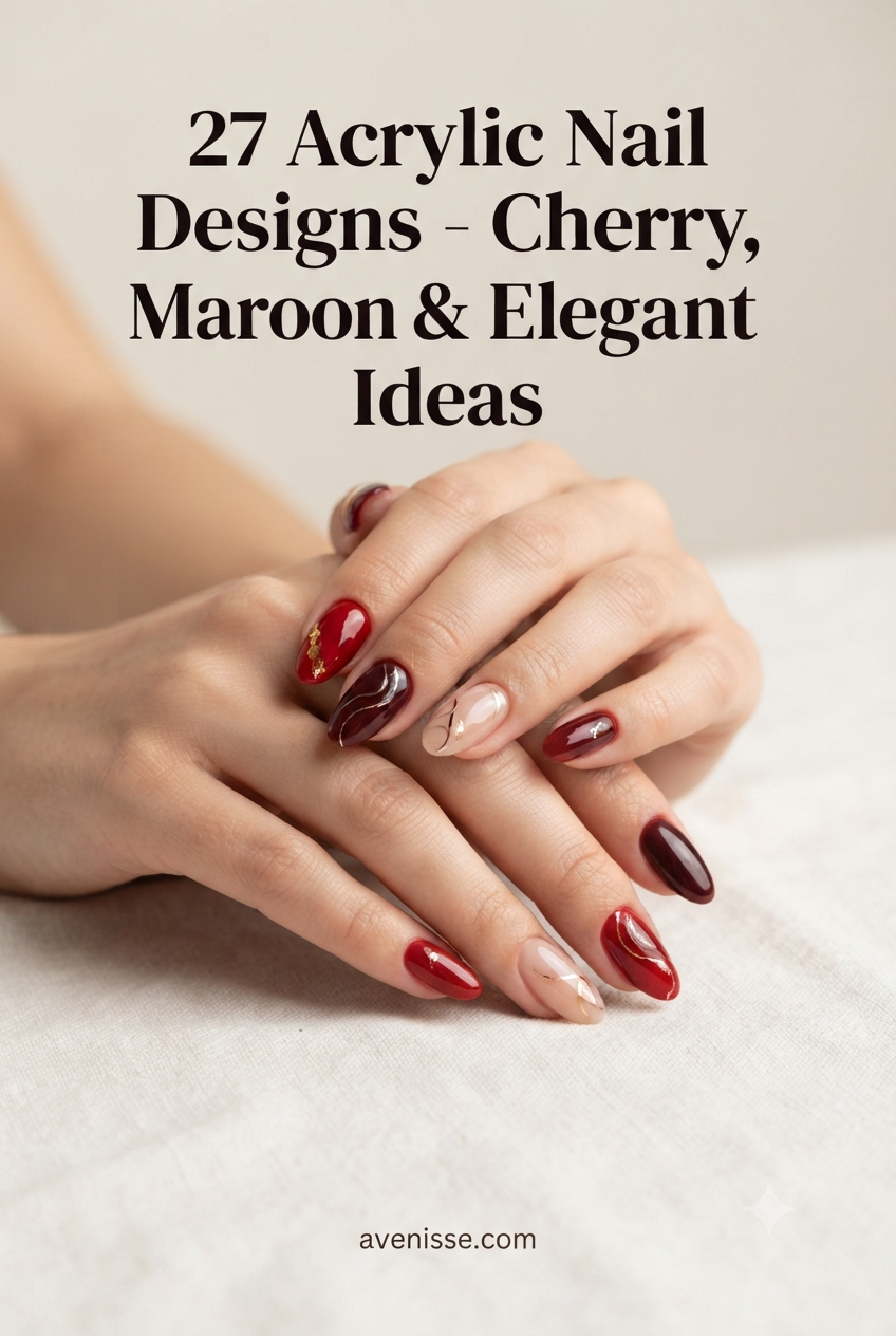 27 Acrylic Nail Designs - Cherry, Maroon & Elegant Ideas