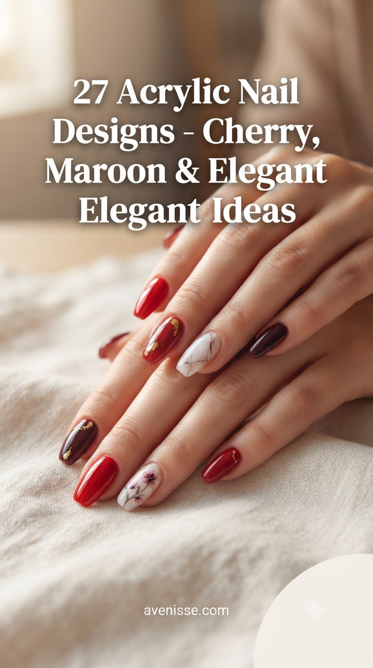 27 Acrylic Nail Designs - Cherry, Maroon & Elegant Ideas