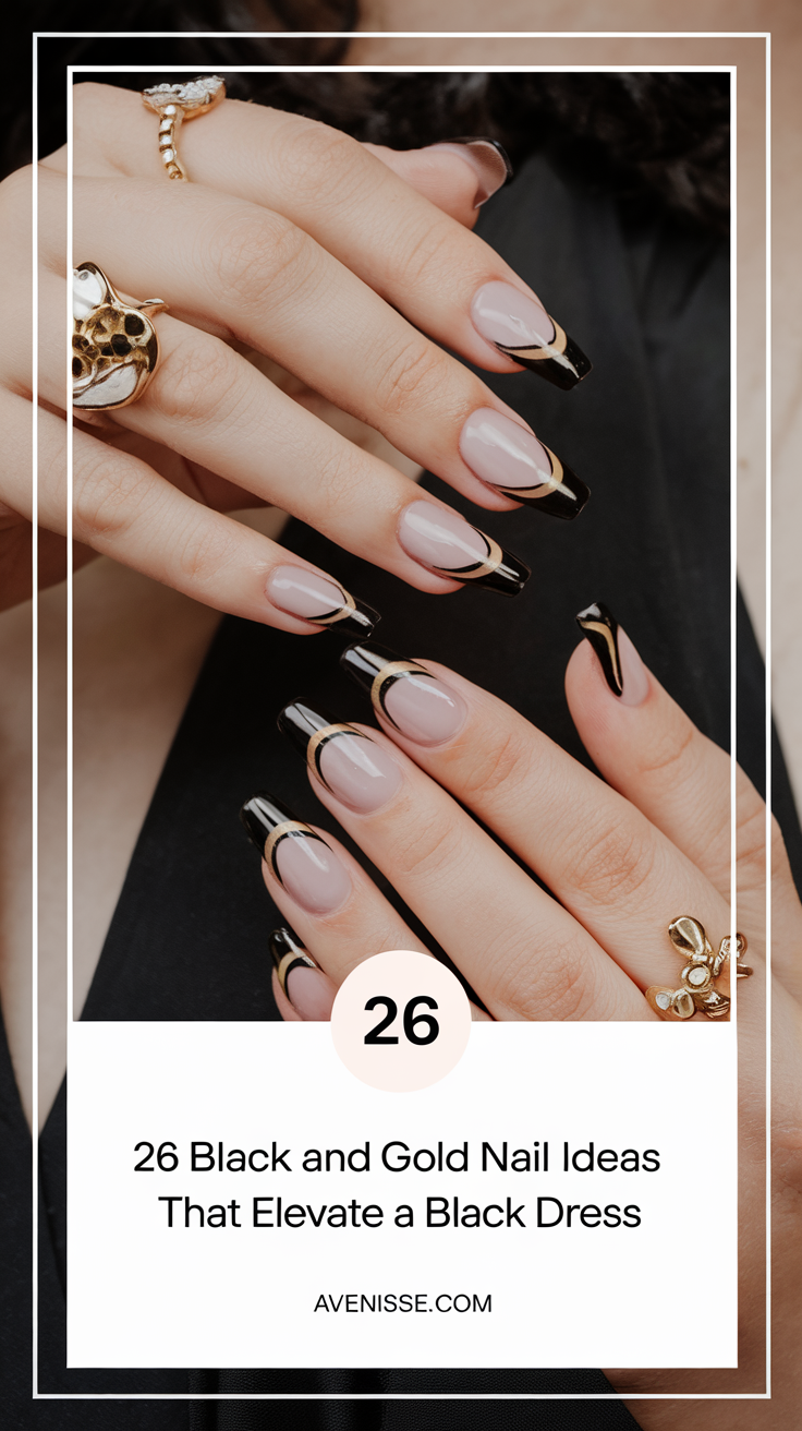 26 Black and Gold Nail Ideas That Elevate a Black Dress
