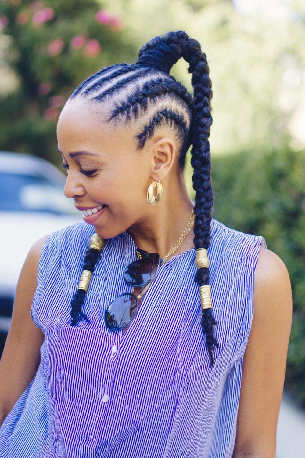 18. Braided Cornrow Hairstyles: Three Feed-In Cornrows into Ponytail