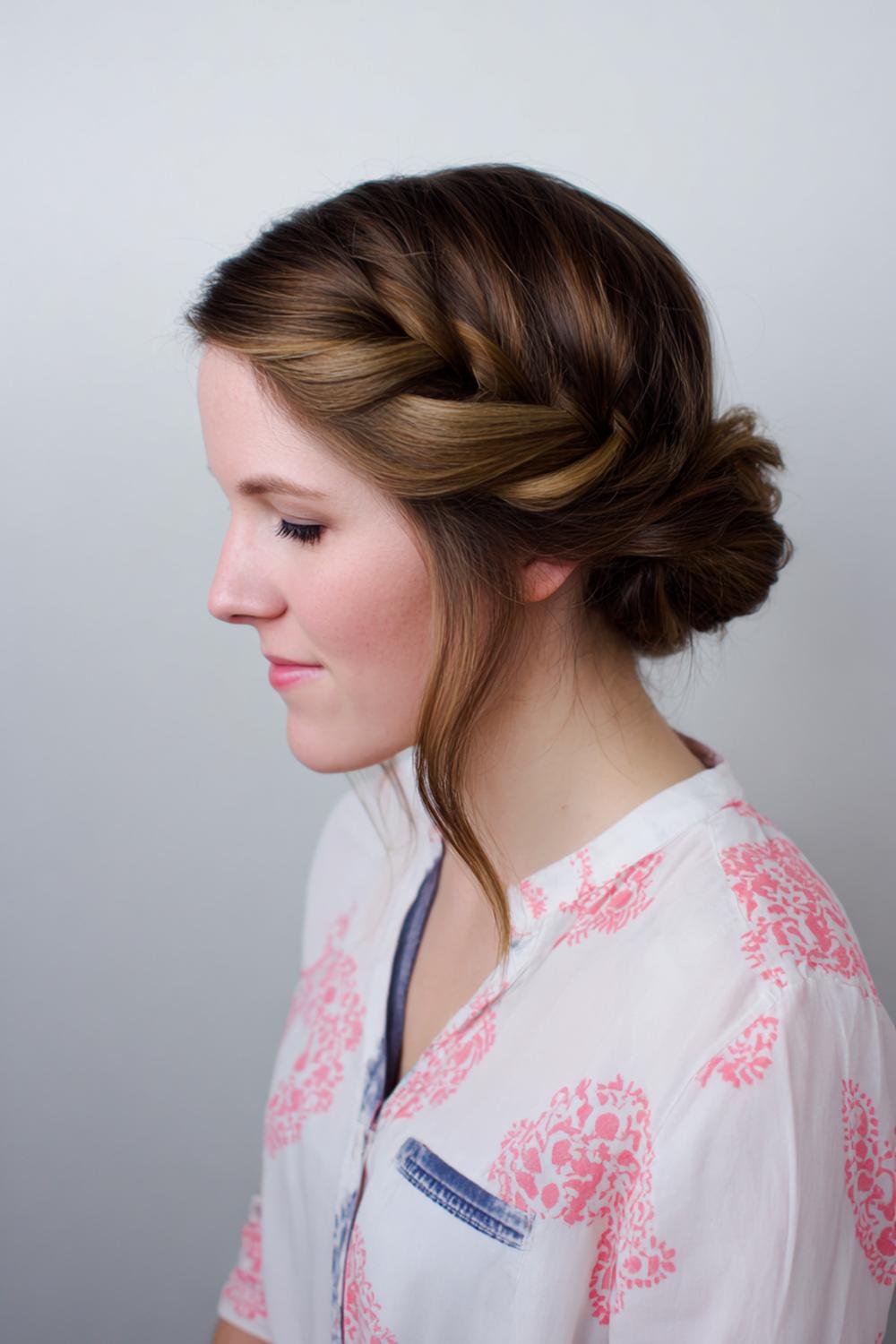 19. Quick Braided Hairstyles: Side French Braid into Low Knot