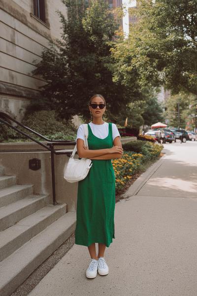 15. School outfit 2026: Midi dress over tee with canvas sneakers