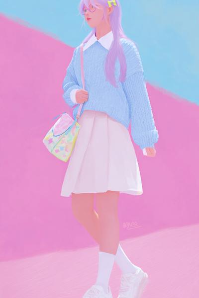23. School outfit 2026: Pastel knit set with white sneakers and claw clip
