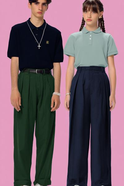 26. School outfit 2026: Knit polo and pleated trousers with minimal jewelry
