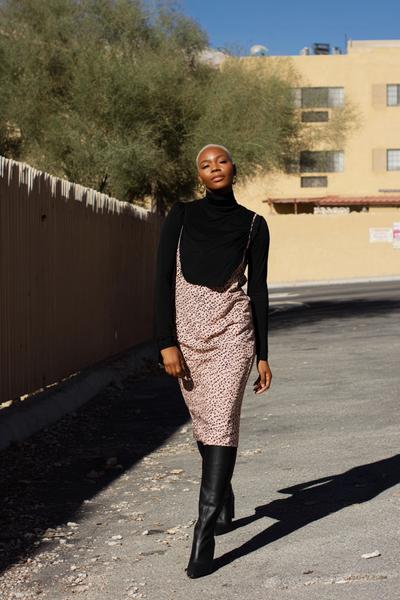 28. School outfit 2026: Turtleneck under slip dress with tights and boots