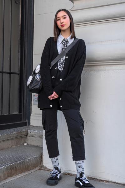 5. School outfit 2026: “Outfits For Skl” monochrome black cargo and cardigan