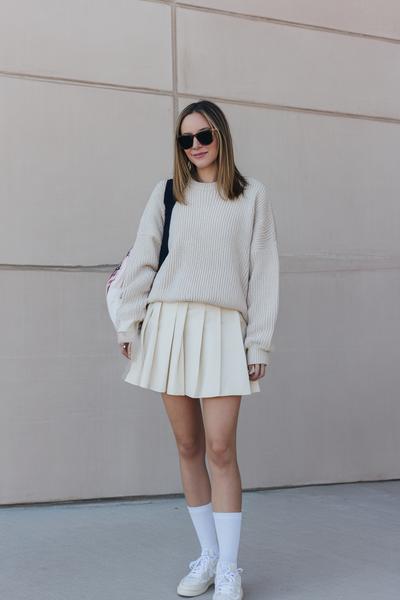 8. School outfit 2026: Clean Outfits For School neutral sweater and tennis skirt