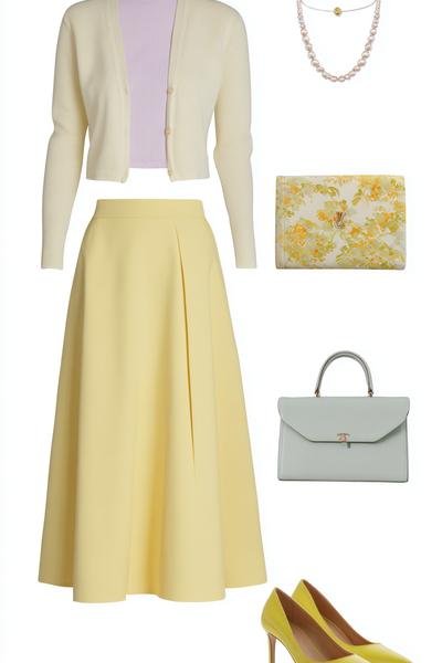 11. Skirt outfits 2026 with butter-yellow A-line skirt and fitted cardigan