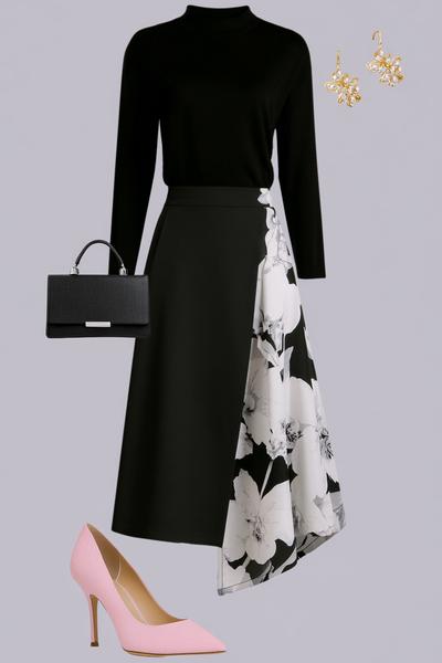 13. Skirt outfits 2026 with asymmetrical hem skirt and pointed toe flats