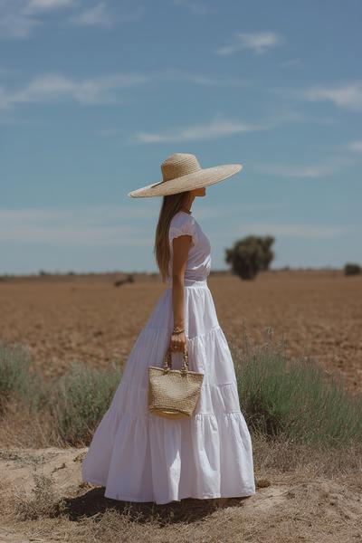18. Skirt outfits 2026 with tiered white skirt and straw hat scene
