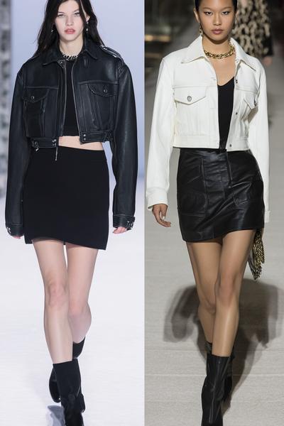 19. Skirt outfits 2026 with micro mini skirt and boxy leather jacket