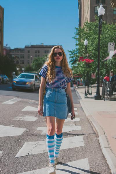 2. Denim Skirt And Samba Outfit with striped tee and sporty socks