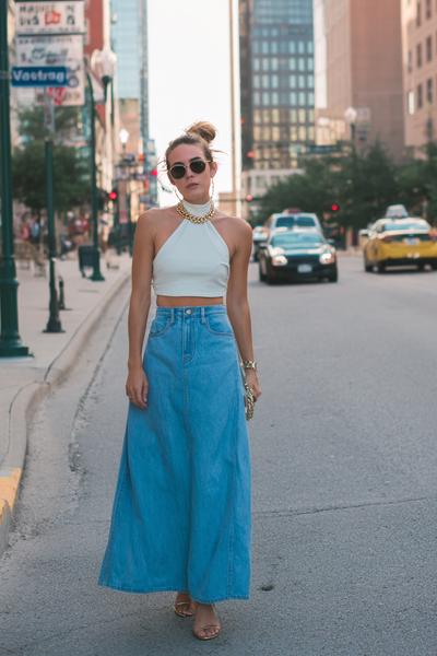 20. Skirt outfits 2026 with denim maxi skirt and fitted halter top