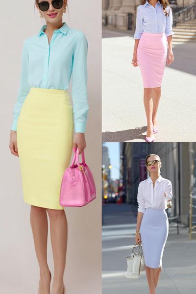 21. Skirt outfits 2026 with pastel pencil skirt and sharp button-down