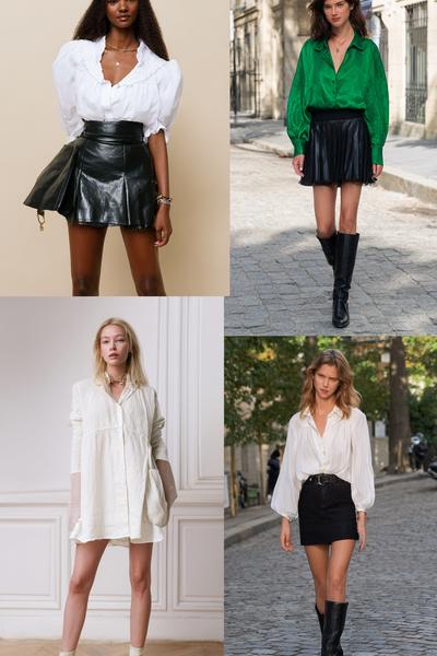 23. Skirt outfits 2026 with leather mini skirt and airy linen shirt