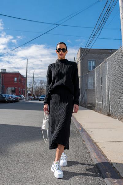 24. Skirt outfits 2026 with knit co-ord skirt and monochrome sneakers