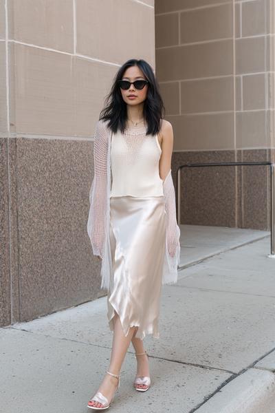 6. It Girl Summer Outfits skirt look with satin slip skirt and sheer knit
