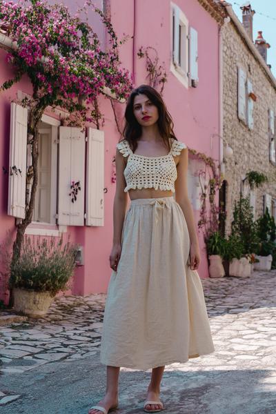 7. Cute Trendy Summer Outfits skirt set with crochet top and linen midi