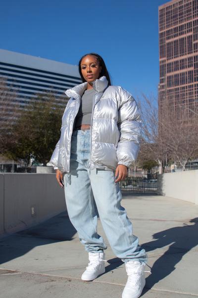 1. Icy Silver Puffer and Baggy Denim Y2K Outfit