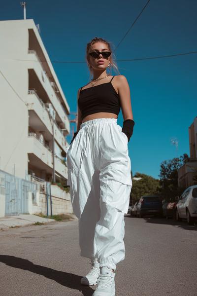 13. White Parachute Pants Y2K Outfit with Minimal Black Top