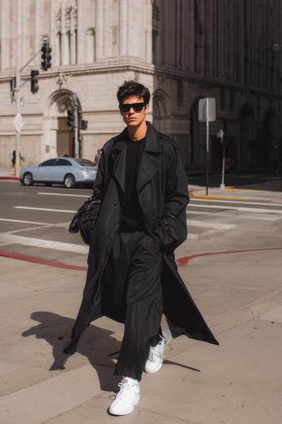 19. Sleek Black Trench and Sneakers Y2K Outfit Men