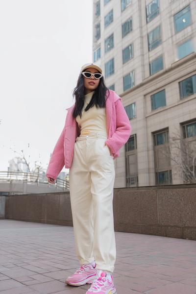 21. Pink Accent Sneakers and Neutral Layers Y2K Outfit