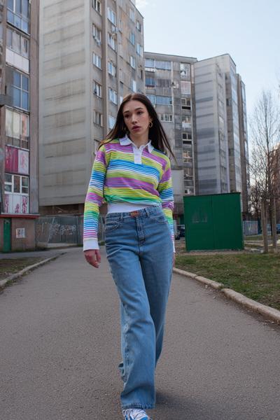 23. Striped Rugby Shirt and Loose Jeans Y2K Outfit