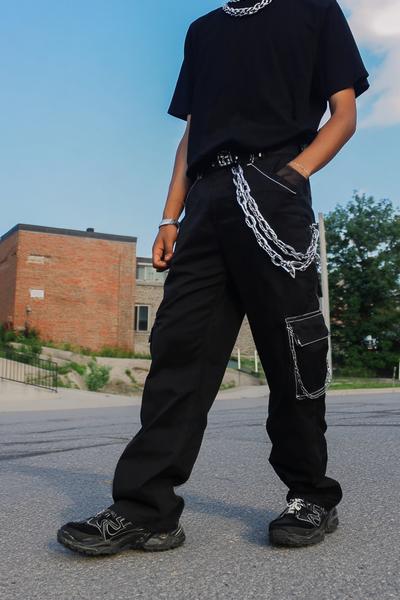 24. All-Black Cargo and Silver Chain Men Street Fashion Y2K Outfit