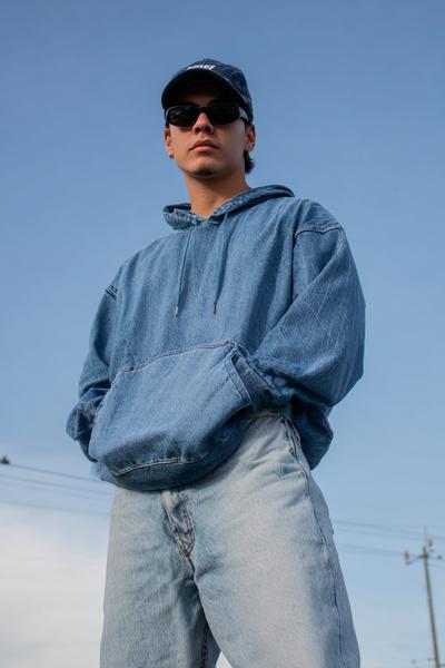 25. Denim Cap and Hoodie Set Guys Clothing Styles Y2K Outfit