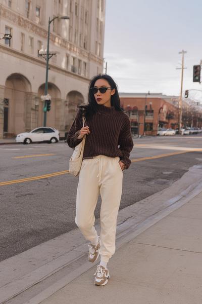 27. Brown Suede Sneaker and Cream Knit Y2K Outfit