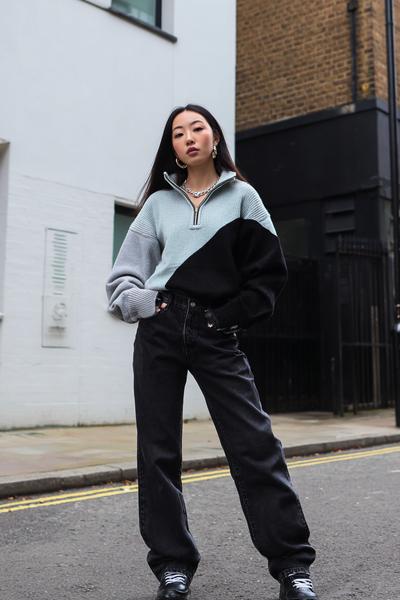 28. Two-Tone Zip Sweater and Baggy Black Denim Y2K Outfit