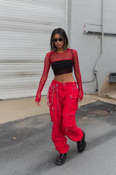 3. Red Mesh Layering and Cargo Pants Y2K Outfit