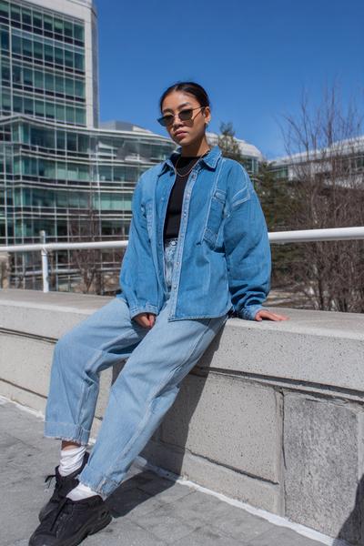 4. Denim-on-Denim Overshirt Y2K Outfit with Contrast Stitching