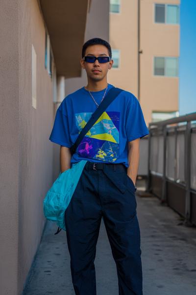7. Blue Graphic Baby Tee Layered Y2K Outfit Men Style