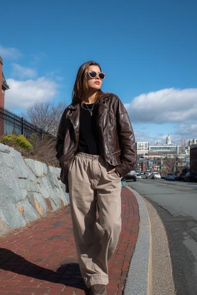 8. Chocolate Leather Jacket and Baggy Khakis Y2K Outfit