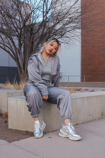 9. Metallic Sneakers and Monochrome Gray Y2K Outfit